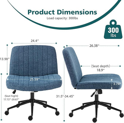 OLIXIS Criss Cross Chair with Wheels Wide Cross Legged Office Desk Vanity Chair Comfy Fabric Armless Height Adjustable Swivel for Home Computer Task Blue