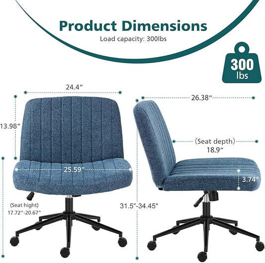 OLIXIS Criss Cross Chair with Wheels Wide Cross Legged Office Desk Vanity Chair Comfy Fabric Armless Height Adjustable Swivel for Home Computer Task Blue