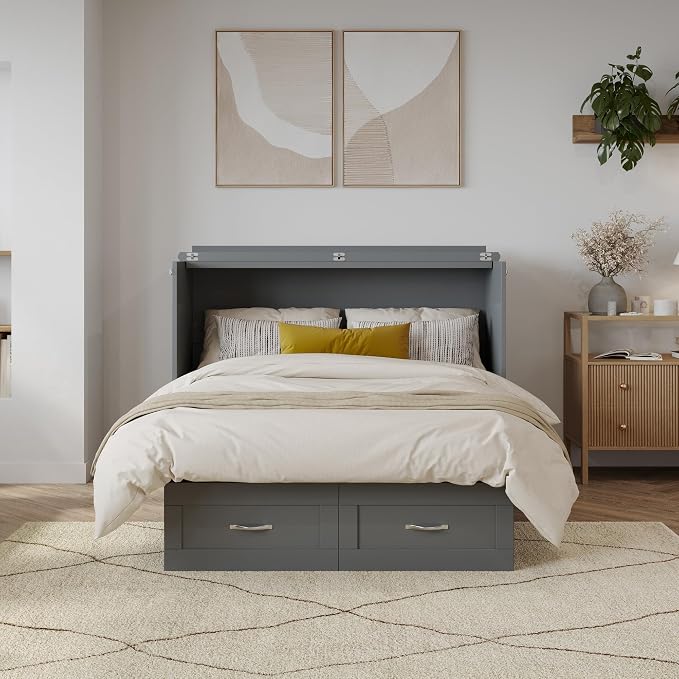 AFI, Monroe Full Murphy Bed Chest with 6" Mattress, Storage Drawer & Built-in USB Charger, Grey