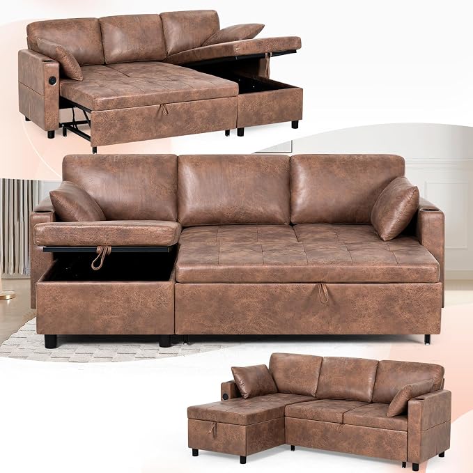 84" L-Shape Pull Out Sofa Bed with Adjustable Backrest, Upholstered Sectional Sleeper Sofa with Storage Chaise, Suede Leather Reversible Couch Bed with USB Port for Living Room, House, Brown