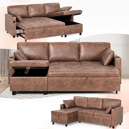 84" L-Shape Pull Out Sofa Bed with Adjustable Backrest, Upholstered Sectional Sleeper Sofa with Storage Chaise, Suede Leather Reversible Couch Bed with USB Port for Living Room, House, Brown