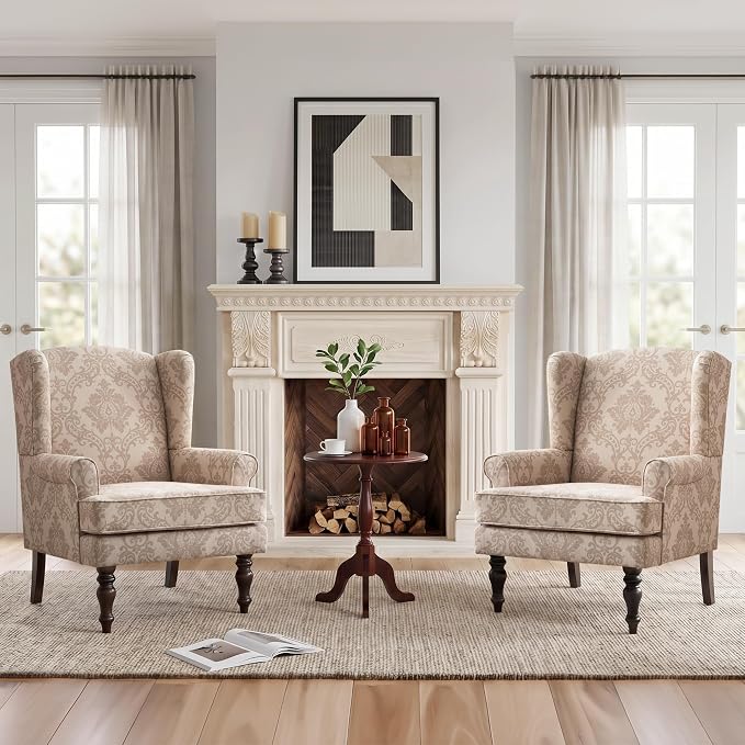 HUIMO Printed Wingback Accent Chair, Linen Upholstered High Back Armchair, Comfy Reading Chair for Living Room Bedroom Study, 300lbs Weight Capacity (2, Brown Floral)