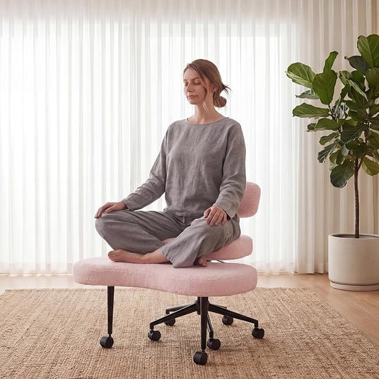 DUMOS Ergonomic ADHD Cross Legged Office Desk Chair with Adjustable Backrest, Height Adjustable Meditation Chair with 360° Swivel Footstool, Teddy Fleece Yoga Stool for Home Office, Pink