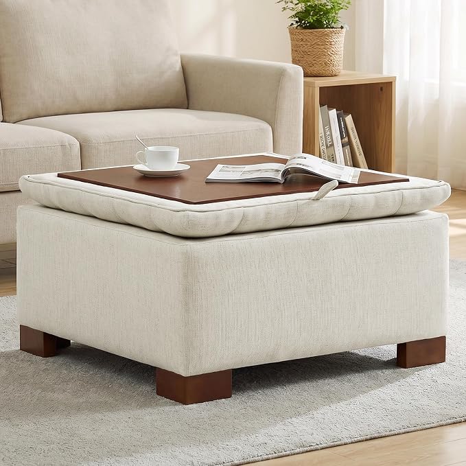 30 Inch Square Storage Ottoman Coffee Table, Modern Tufted Upholstered Ottoman with Flip Tray and Solid Wood Legs, Suitable for Living Rooms, Linen Beige
