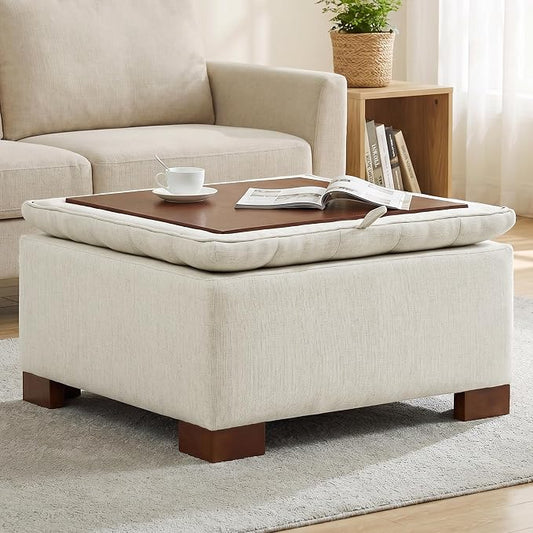 30 Inch Square Storage Ottoman Coffee Table, Modern Tufted Upholstered Ottoman with Flip Tray and Solid Wood Legs, Suitable for Living Rooms, Linen Beige