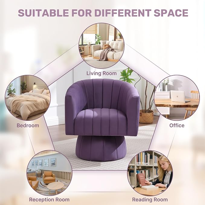 Swivel Accent Barrel Chair Set of 2, Cute Comfy Small Round 360° Arm Chair, Velvet Sofa Club Reading Chair for Living Room Bedroom Office Purple