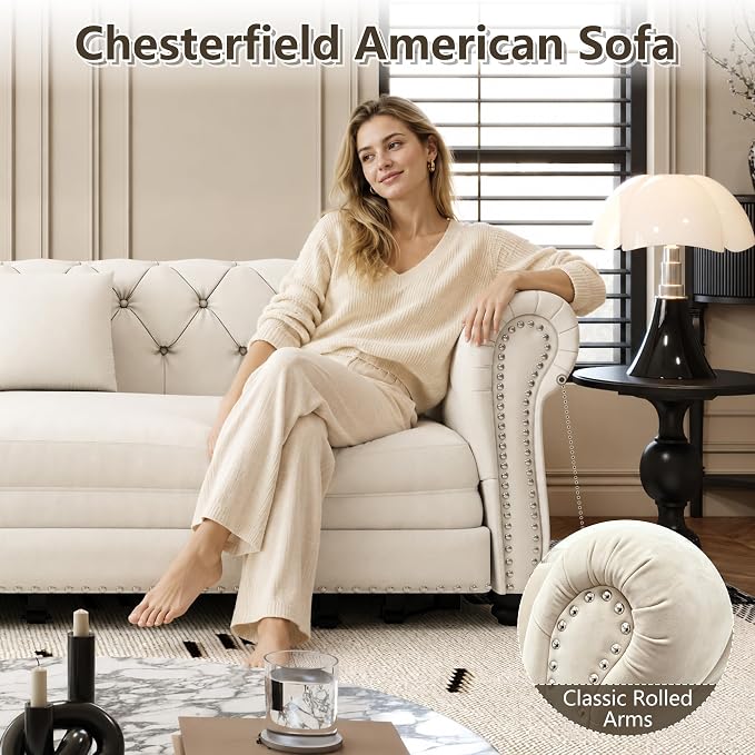 89'' Pull Out Sofa Bed King, Chesterfield Velvet Sleeper Sofa, Convertible L-Shaped Futon Couch, Tufted Back, 4 Pillows, Ottoman, Deep Seat Loveseat Couches for Living Room, Apartment, Beige