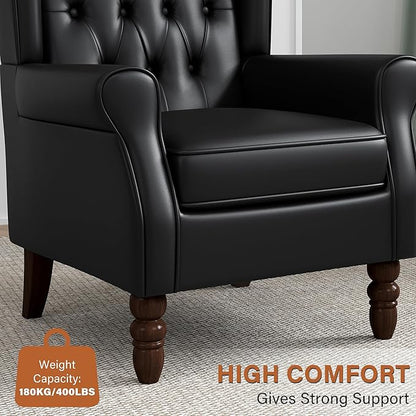 High Back Accent Chairs Set of 2, Faux Leather Wingback Chair for Living Room, Button-Tufted Upholstered Armchair with Solid Wood Legs, Comfy Single Sofa Reading Chair for Bedroom, Black