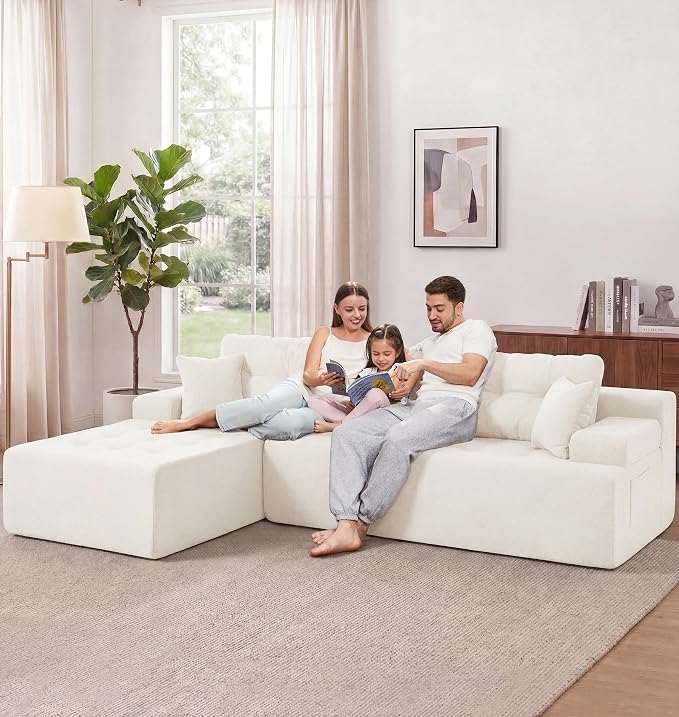Hobestluk Modular Sectional Sofa Couches L-Shape Couch 3 Seat Modular Sofa Memory Foam Sectional Couches for Living Room, Cloud Couch with Oversized Chaise (White Tufted, 108", Left Hand Facing)