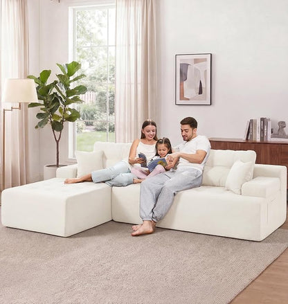 Hobestluk Modular Sectional Sofa Couches L-Shape Couch 3 Seat Modular Sofa Memory Foam Sectional Couches for Living Room, Cloud Couch with Oversized Chaise (White Tufted, 108", Left Hand Facing)