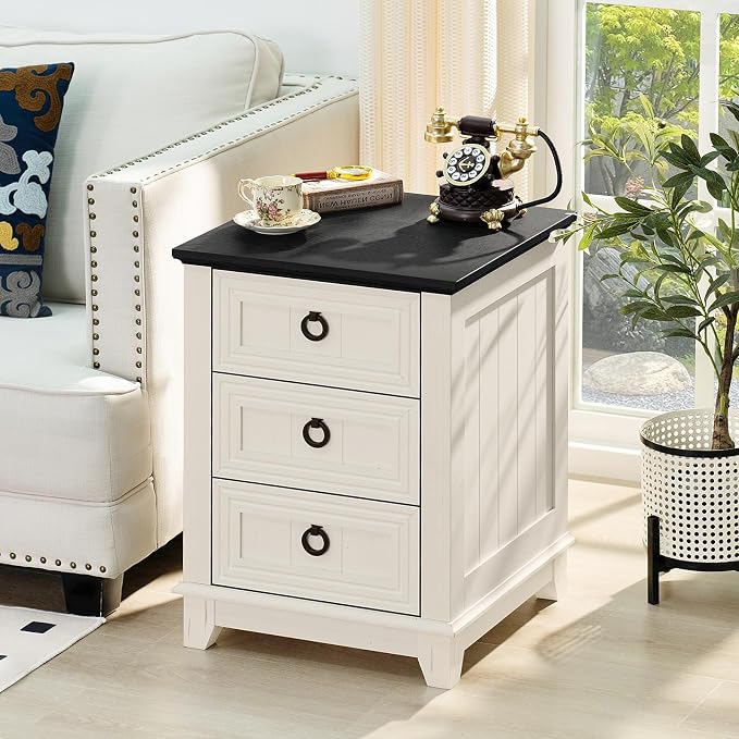 Joaxswe 18" Farmhouse Night Stand with 3 Drawers, Wood End Table Dresser for Bedroom, White Nightstand, Bed Side Table with Metal Handle, Bedside Cabinet for Bedroom Living Room, Closet