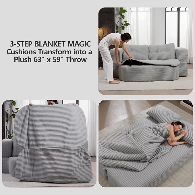 78.7" Futon Sofa Bed, 2-in-1 Foldable Sleeper Sofa, Convertible Floor Couch with Pillows, Corduroy Couch with Multi Functional Blanket Upholstered Boneless Couches for Living Room, Light Gray