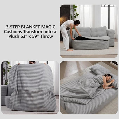 78.7" Futon Sofa Bed, 2-in-1 Foldable Sleeper Sofa, Convertible Floor Couch with Pillows, Corduroy Couch with Multi Functional Blanket Upholstered Boneless Couches for Living Room, Light Gray