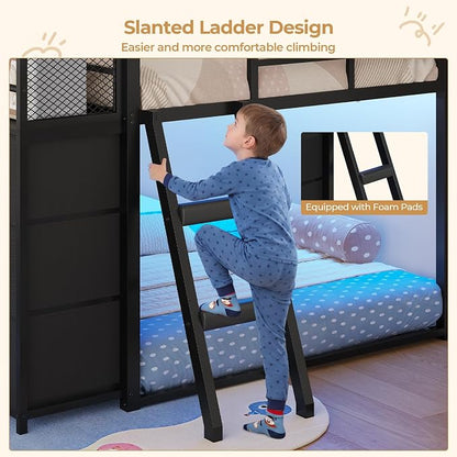 BTHFST Low Bunk Bed Twin Over Twin with 8 Fabric Drawers & Bookshelf, Twin Bunk Beds with RGB LED Lights, Windows, Metal Bunk Beds for Kids with Slanted Ladder & Safety Guardrails, Space Saving, Black