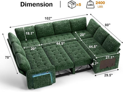 Vipbear 8 Seat U Shaped Modular Sectional Sleeper Sofa with Pull Out Bed/Reclining Backrest/USB Ports/Table/LED Light/Storage Seat, Sectional Sleeper Couch, Tool-Free Assembly, Chenille Green