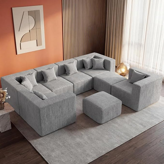MONVANE Modular Sectional Sofa, Oversized 8 Seat Convertible U Shaped Couch with Ottoman, Comfy Chenille Cloud Couch with Deep Seat, Sectional Couches for Living Room, No Assembly Required, Light Grey