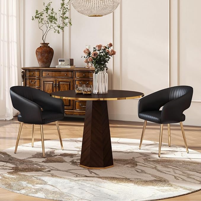 Hyfirm Dining Chairs Set of 2, Black Side Chairs with Hollow Back, PU Leather Upholstered Accent Chairs with Gold Metal Legs, Modern Kitchen Chairs for Living Room Restaurant
