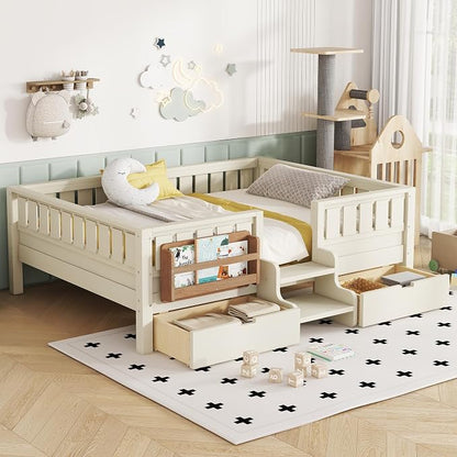 Bellemave Full Kids Montessori Bed with Stairs, Bookshelf and Drawers, Solid Wood Kids Bed Frame with Storage for Boys Girls, Low Profile,Beige