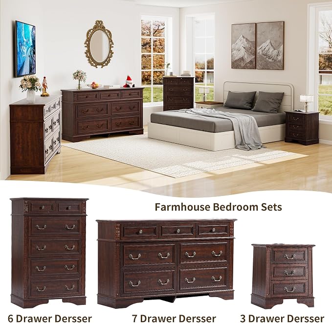 Farmhouse Dresser and Nightstand Sets, 6-Drawer with 7 Drawer Dresser & 3 Drawer Nightstand Sets, 3 Pieces Rustic Wood Bedroom Furniture Set for Home, Bedroom, Hallway(Dark Brown)