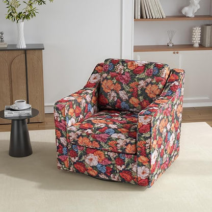 Swivel Accent Chair, 360° Swivel Upholstered Club Armchairs for Living Room, Comfy Fabric Single Sofa Reading Chair with Deep Seat, Metal Swivel Base, Black Floral