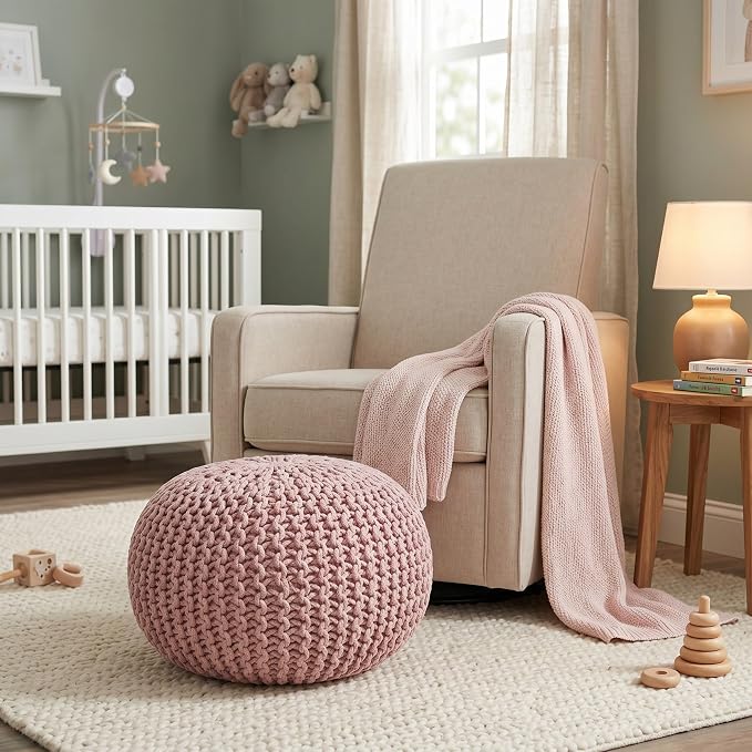 BIRDROCK HOME Round Pouf Ottoman Foot Rest - 18.5”x18.5”x15” Boho Compact Comfortable Soft Cotton Braided Foot Stool with Bean Bag Filling for Living Room, Bedroom, or Nursery (Dusty Rose)
