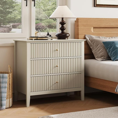 RoyalCraft 32" Large Nightstand Set of 2, Fluted Painted Bedside Table with 3 Spacious Drawers, Modern Tall End Table for Bedroom, Beige