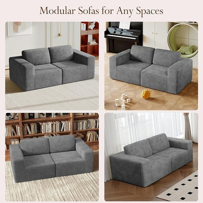 Vesgantti 80" Modular Sectional Sofa, Corduroy Cloud Couch with Deep Seating & Spring Support, 2 Seater Compact Modular Couch, Boneless Sectional Sofa for Small Spaces, No Assembly Required, Grey