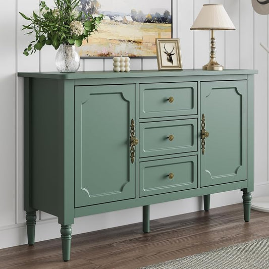 FansaFurn Green Storage Cabinet, Mid-Century Buffet Cabinet with 2 Doors & 3 Drawers, Accent Sideboard Cabinet with Adjustable Shelves & Turned Legs, Great for Entryway, Living Room, Dining Room