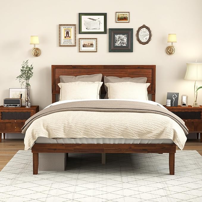 KOMFOTT Full Size Wood Bed Frame with Headboard, Solid Acacia Wood Platform Bed Frame, Wooden Slats Supported Bed Base with Under-Bed Storage Space, No Box Spring Needed Mattress Foundation