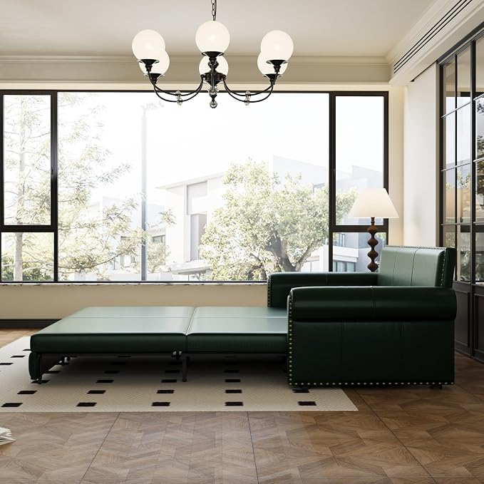 93.7" King Pull Out Sofa Bed, Faux Leather Sleeper Sofa Couch, 3 in 1 Convertible Futon Couches for Living Room, Small Space, Apartment, Office, Bedroom, Modern Rivet Armrest, Green