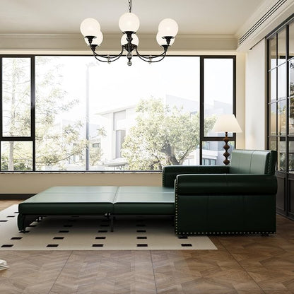 93.7" King Pull Out Sofa Bed, Faux Leather Sleeper Sofa Couch, 3 in 1 Convertible Futon Couches for Living Room, Small Space, Apartment, Office, Bedroom, Modern Rivet Armrest, Green