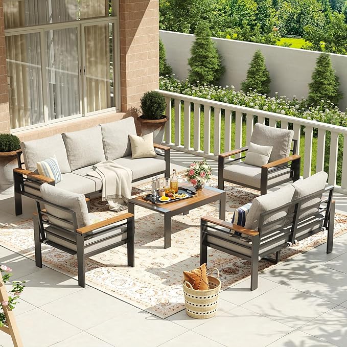 Aoxun Aluminum Patio Furniture Set 7 Seats, Oversized Outdoor Sectional with Washable Thick Cushions, Coffee Table, Patio Conversation Sets for Porch, Balcony, Deck