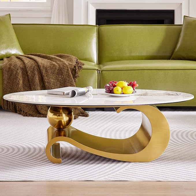 49.2-Inch Modern Oval Faux Marble Coffee Table with Sturdy Gold Metal Base - Luxury Living Room Furniture for Home Decor | Scratch-Resistant & Easy Assembly (Gold)