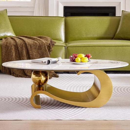 49.2-Inch Modern Oval Faux Marble Coffee Table with Sturdy Gold Metal Base - Luxury Living Room Furniture for Home Decor | Scratch-Resistant & Easy Assembly (Gold)
