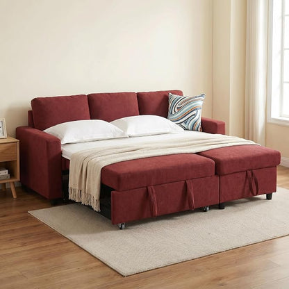 Pull Out Couch, L Shaped Sectional Couch with Pull Out Bed, Convertible Sofa Bed with Storage Chaise, Queen Size Sleeper Sofa, Sofa Bed Couch, Sleeper Sofa with Storage, Red
