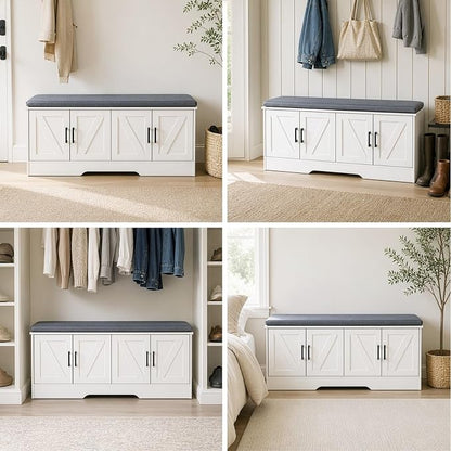 NEWBULIG Shoe Storage Bench for Entryway with Cushion, 47.2IN, White | Shoe Organizer Cabinet with Padded Cushion and Doors, Adjustable Shelves, Shoes Bench for Hallway, Mudroom, Bedroom