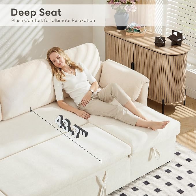 Tbfit 109'' Pull Out Sofa, Sleeper Sofa Bed with USB & 2 Storage Chaises, Comfy Oersized U Shaped Convertible Sectional Sleeper Couches for Living Room, Apartment, Office, White Sherpa
