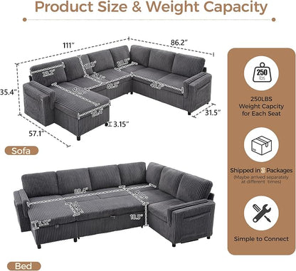 Sectional Sleeper Sofa with Pull Out Bed, 7 Seats U Shaped Modular Sectional Sofa with Storage, USB Ports, Cup Holders, Plush Corduroy Cloud Sectional Couches for Living Room, Dark Grey