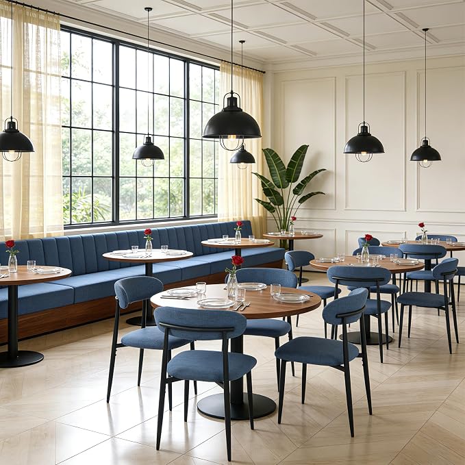 FREKEN Modern Upholstered Dining Chairs Set of 8, Mid-Century Metal Frame Linen Fabric Side Chair for Kitchen Dining Room, 350lbs Capacity, Blue