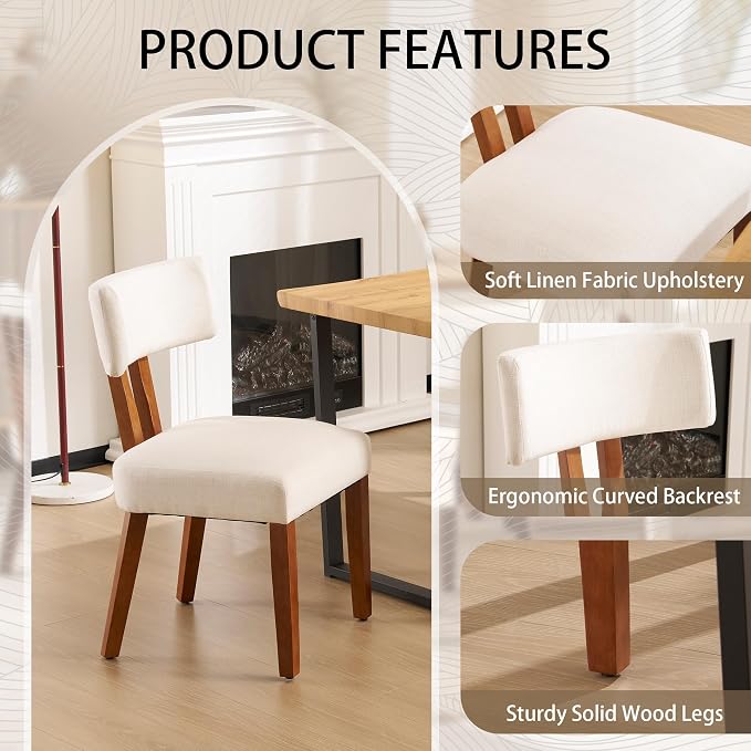 MOJAY Dining Chairs Set of 2, Mid Century Modern Kitchen Chairs Farmhouse Linen Fabric Side Chairs with Curved Backrest for Kitchen, Dining Room, Restaurant, or Patio, Off-White