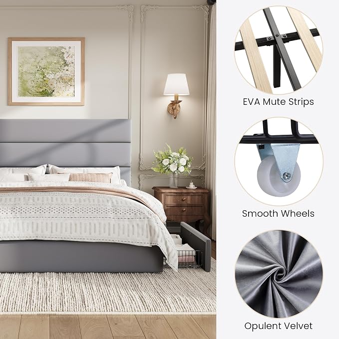 SHA CERLIN Full Size Platform Bed Frame with 4 Storage Drawers, Velvet Upholstered Headboard, Mattress Foundation with Wooden Slats Support, No Box Spring Needed, Easy Assembly, Grey