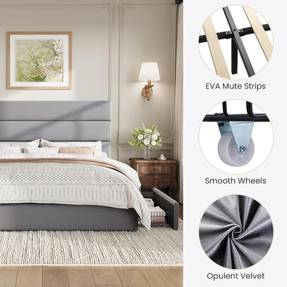 SHA CERLIN Queen Size Platform Bed Frame with 4 Storage Drawers, Velvet Upholstered Headboard, Mattress Foundation with Wooden Slats Support, No Box Spring Needed, Easy Assembly, Grey