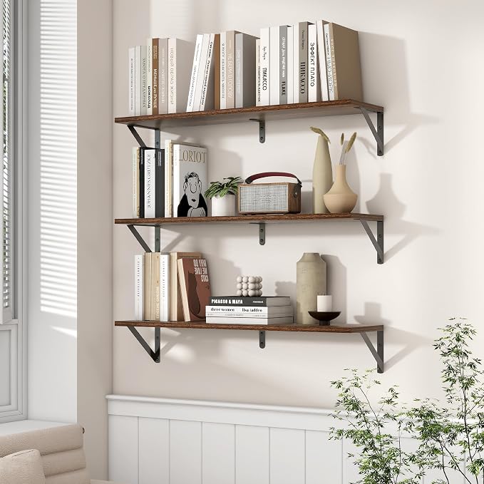 Axeman 32 Inch Floating Shelves | 8 Inch Deep Walnut Wall Shelves Set of 2 | 31.5W x 8D Rustic Wood Shelves for Bookshelf Living Room Bedroom Home Office Bathroom