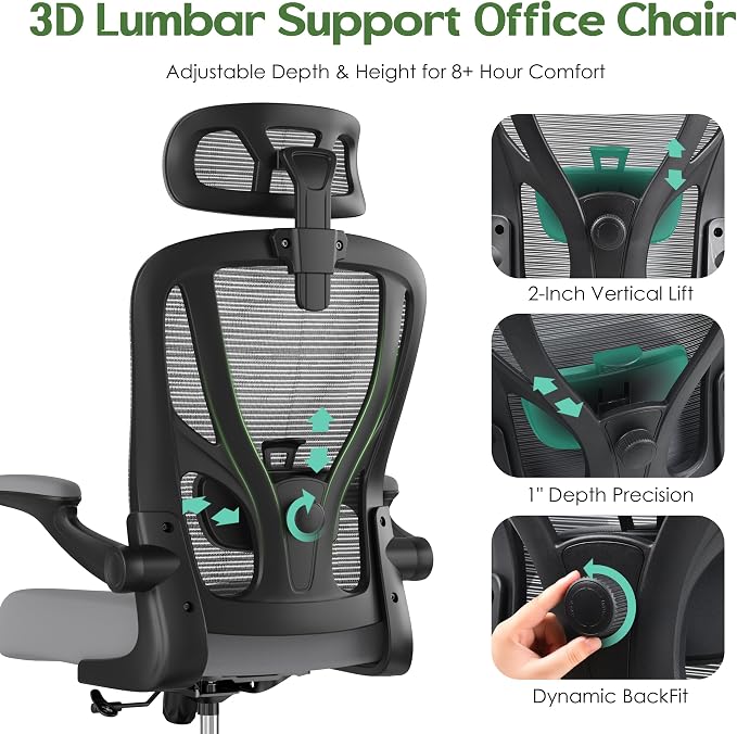 Office Chair Ergonomic Desk Chair - Mesh High Back Office Chair with Headrests Wheels Lumbar Support Home Desk Office Chairs Flip up Armrest Executive Rolling Computer Chair Black Gray 2 Pack