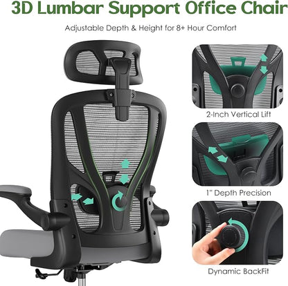 Office Chair Ergonomic Desk Chair - Mesh High Back Office Chair with Headrests Wheels Lumbar Support Home Desk Office Chairs Flip up Armrest Executive Rolling Computer Chair Black Gray 2 Pack
