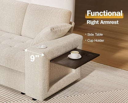 Vipbear 111" Modular Sectional Sleeper Sofa with Pull Out Bed, 8 Seat Chenille U Shaped Couch with 2 Pull-Out Beds|USB Ports|Cup Holders|Side Table|LED Light, Tool Free Assembly, Beige