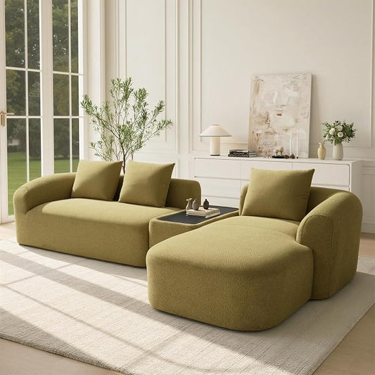 Relefree 136'' Modular Sectional Sofa, No Assembly Curved Sofa with Movable Coffee Table, High-Resilience Foam, Boneless Couch for Living Room, Oversized, Chenille, Thick Backrest, Green