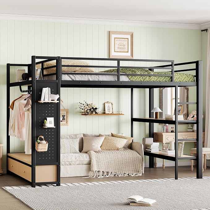 Bellemave Queen Size loft Bed with Wardrobe and Storage Shelves and Pegboard Drawers, Metal Queen Loft Bed Frame for Adults, Kids, Teens, Black