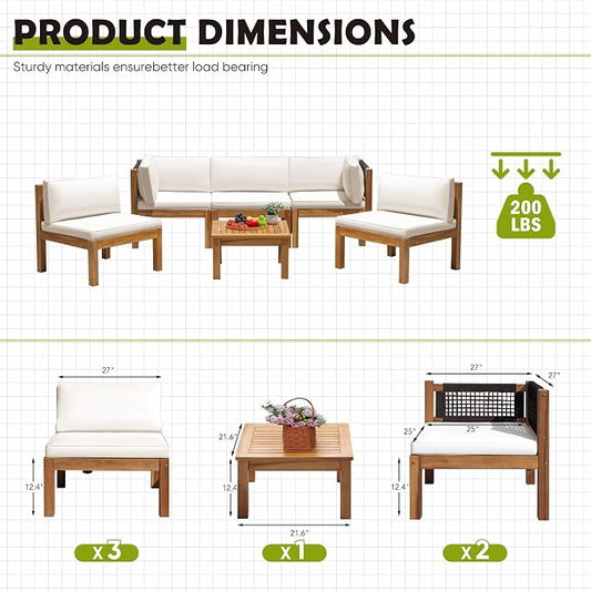 Greesum 6 Pieces Small Patio Sofa, Acacia Wood Frame, Padded Patio Conversation and Chairs Set for Garden, Backyard, Poolside, Beige