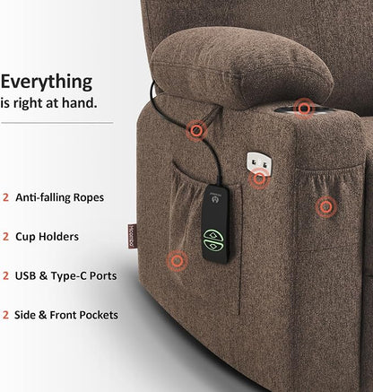 MCombo Power Lift Recliner Chair for Elderly, Lift Chair with Heat and Massage, FSC Certified, USB&Type C Ports, Cup Holders, Fabric 7040 (Medium,Brown)